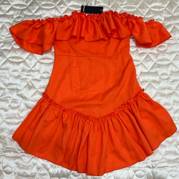 Nasty Gal Off The Shoulder Drop Frill Hem Swing Flowy Dress Size 4 US Orange - Picture 5 of 14